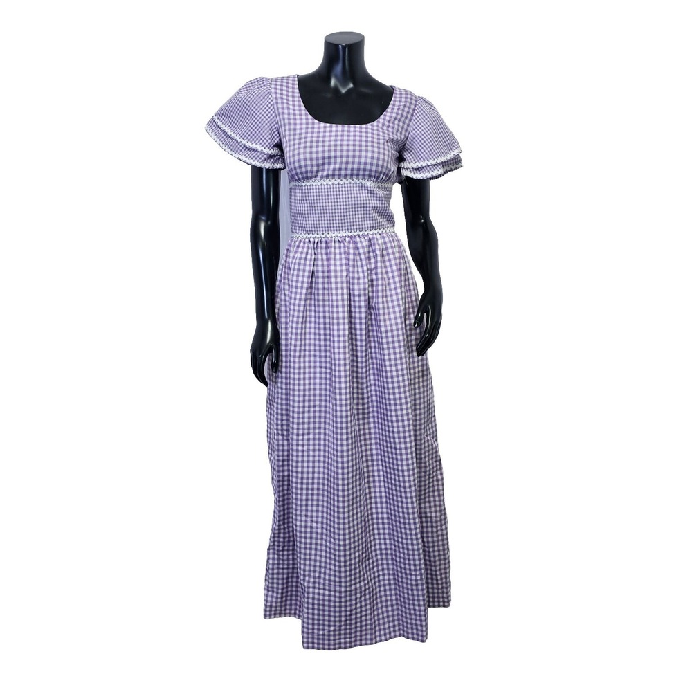 VTG 70s Purple Gingham Maxi‎ Dress Prairie Cottagecore Lace Trim Flutter Sleeve - Picture 3 of 16